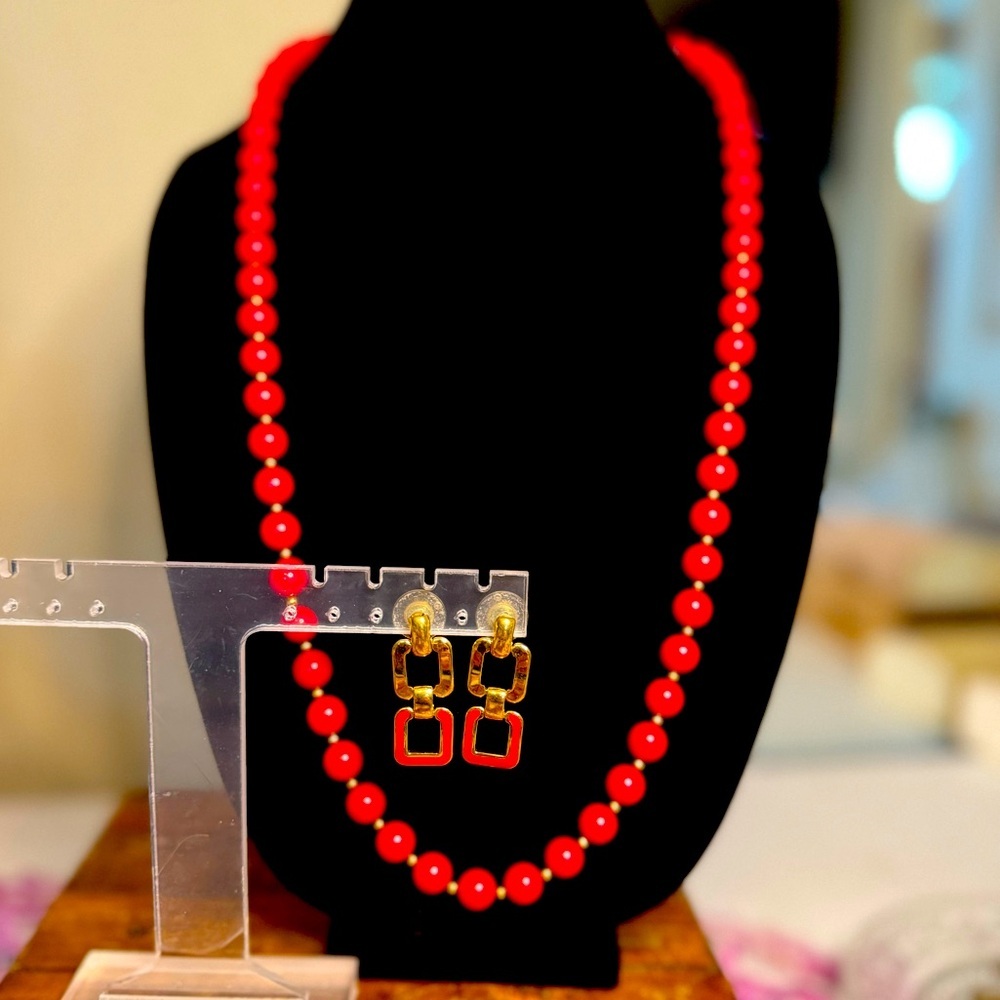 Monet Red Beaded Necklace and Earring Set